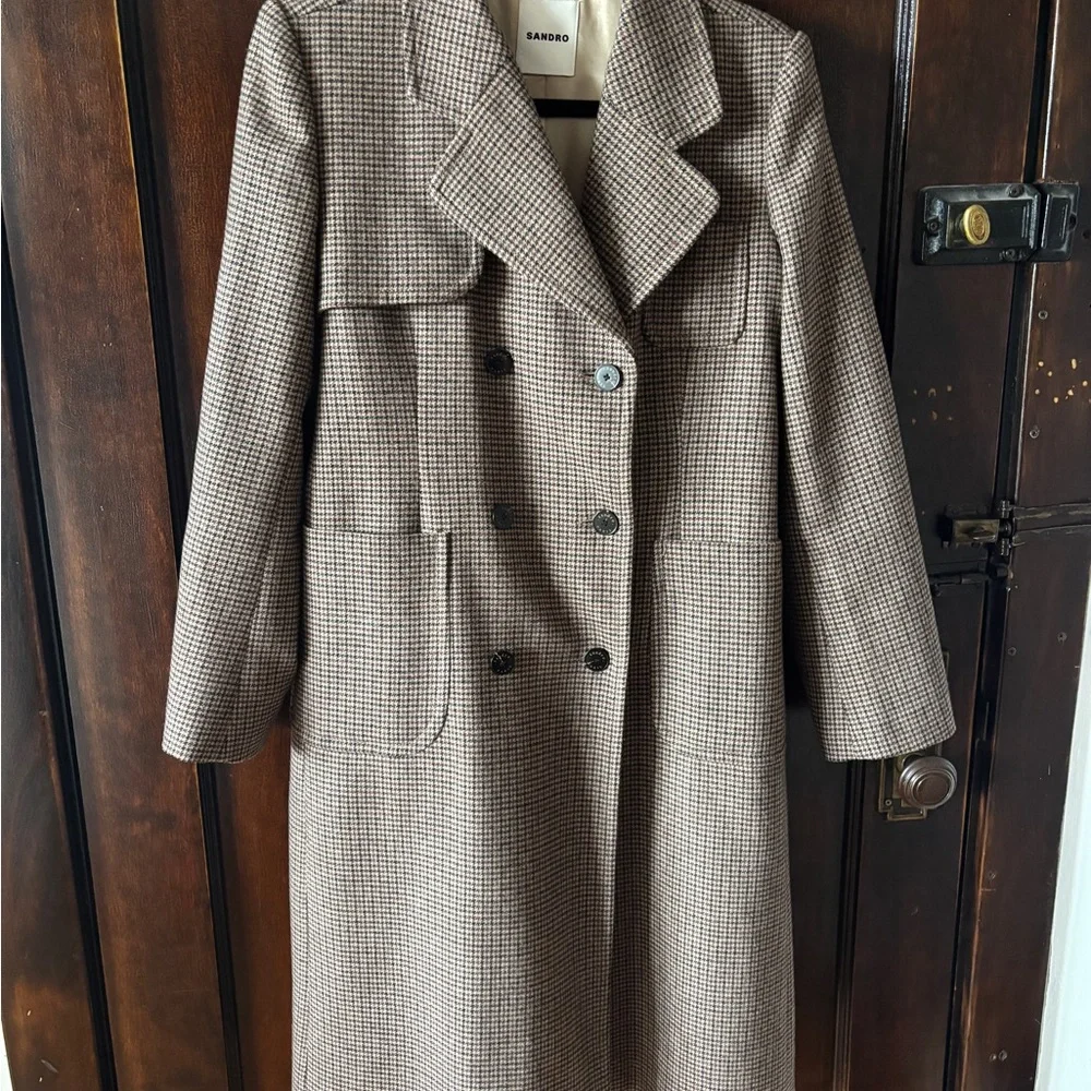 Sandro Houndstooth Double-Breasted Trench Coat - Picture 2 of 10